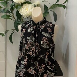LOFT Black and White Tie Front Blouse with Mandarin Collar